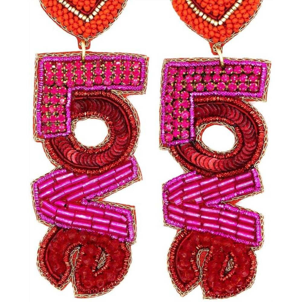 NEW ALLIE BEADS love beaded drop earrings in red/pink